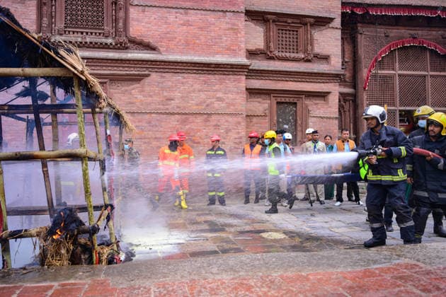 June 28, 2026, Kathmandu, Bagmati, Nepal: KATHMANDU, NEPAL Ã¢â‚¬ 28 JUNE 2026: Personnel from the Nepal Army, Nepal Police, Nepal Traffic Police, Armed Police Force (APF), Kathmandu Metropolitan City, Nepal Scouts, and the Nepal Red Cross Society participate in a joint multi-agency disaster response simulation exercise at Hanuman Dhoka Durbar Square in Kathmandu, Nepal, on June 28, 2026. The exercise included coordinated demonstrations of earthquake and fire emergency response, urban search and rescue, casualty evacuation, firefighting, first aid, and other disaster management operations aimed at strengthening inter-agency preparedness and public awareness. Kathmandu Nepal  - ZUMAs330 20260628_zsp_s330_015 Copyright: xSafalxPrakashxShresthax