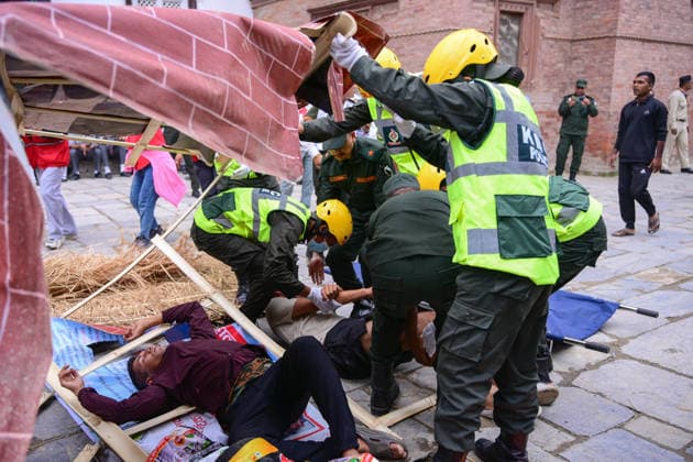 Disaster Response Exercise Conducted At Hanuman Dhoka, Kathmandu Personnel from the Nepal Army, Nepal Police, Nepal Traffic Police, Armed Police Force, Kathmandu Metropolitan City, Nepal Scouts, and the Nepal Red Cross Society participate in a joint multi-agency disaster response simulation exercise at Hanuman Dhoka Durbar Square in Kathmandu, Nepal, on June 28, 2026. The exercise includes coordinated demonstrations of earthquake and fire emergency response, urban search and rescue, casualty evacuation, firefighting, first aid, and other disaster management operations aimed at strengthening inter-agency preparedness and public awareness. Kathmandu Bagmati Nepal  Copyright: xSafalxPrakashxShresthax originalFilename: shrestha-disaster260628_npDzk.jpg