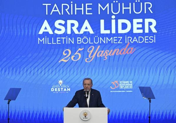 AK Party s 33rd Consultation and Evaluation Meeting in Sakarya SAKARYA, TURKIYE - JUNE 28: Turkish President and AK Party Chairman Recep Tayyip Erdogan delivers a speech during the closing program of the 33rd Consultation and Evaluation Meeting of the Justice and Development (AK) Party in Sapanca district of Sakarya, Turkiye, on June 28, 2026. Dogukan Keskinkiliç Anadolu Sakarya Turkey. Editorial use only. Please get in touch for any other usage.  Copyright: x2026xAnadoluxDoÄüukanxKeskinkÄ±lÄ±cx