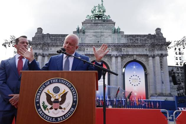 US ambassador to Belgium Bill White and pictured giving a speech during a celebration of the 250th anniversary of the U.S. Declaration of Independence, organized by the U.S. Embassy at the Jubelpark - Parc du Cinquantenaire park in Brussels on Sunday 28 June 2026.  NICOLASxMAETERLINCK 179729884