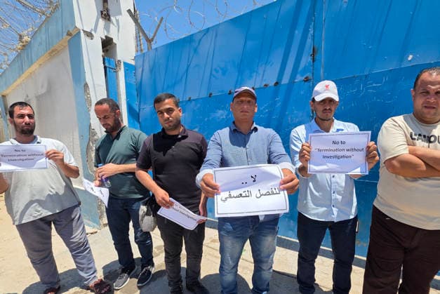 UNRWA employees stage protest over dismissal of 70 workers Employees of the United Nations Relief and Works Agency (UNRWA) take part in an open-ended sit-in outside the agency s industrial office in Khan Younis, southern Gaza Strip, on June 28, 2026, protesting a decision to dismiss 70 employees from their jobs. The protesters called on the agency s administration to reverse the decision, saying they would continue the sit-in until their demands are met. Photo by Tariq Mohammad APA Images Khan Yunis Gaza Strip Palestinian Territory 280626_Khan_Yunis_TM_01(6) Copyright: xapaimagesxTariqxMohammad xapaimagesx
