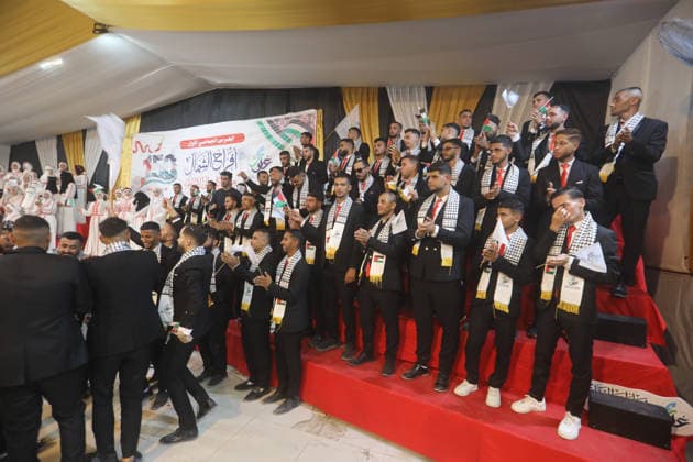 Mass Wedding Ceremony Brings Together 150 Couples in Northern Gaza Palestinian brides and grooms take part in a mass wedding ceremony in Jabalia, northern Gaza Strip, on June 28, 2026. The event was organized by the Ghouth Charitable Foundation as part of a social initiative to support the marriage of 150 couples from northern Gaza, months after the area suffered extensive destruction during the war. Photo by Bilal Osama apaimages Gaza city Gaza Strip Palestinian Territory 280626_Jabalia_BO_00(35) Copyright: xapaimagesxBilalxOsamax xapaimagesx