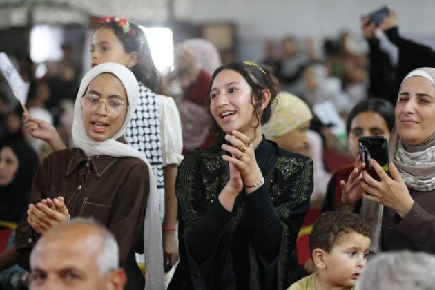 Mass Wedding Ceremony Brings Together 150 Couples in Northern Gaza Palestinian brides and grooms take part in a mass wedding ceremony in Jabalia, northern Gaza Strip, on June 28, 2026. The event was organized by the Ghouth Charitable Foundation as part of a social initiative to support the marriage of 150 couples from northern Gaza, months after the area suffered extensive destruction during the war. Photo by Bilal Osama apaimages Gaza city Gaza Strip Palestinian Territory 280626_Jabalia_BO_00(38) Copyright: xapaimagesxBilalxOsamax xapaimagesx