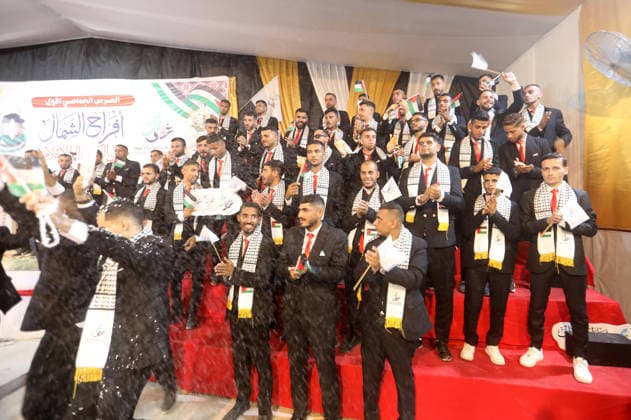 Mass Wedding Ceremony Brings Together 150 Couples in Northern Gaza Palestinian brides and grooms take part in a mass wedding ceremony in Jabalia, northern Gaza Strip, on June 28, 2026. The event was organized by the Ghouth Charitable Foundation as part of a social initiative to support the marriage of 150 couples from northern Gaza, months after the area suffered extensive destruction during the war. Photo by Bilal Osama apaimages Gaza city Gaza Strip Palestinian Territory 280626_Jabalia_BO_00(32) Copyright: xapaimagesxBilalxOsamax xapaimagesx