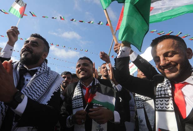 Mass Wedding Ceremony Brings Together 150 Couples in Northern Gaza Palestinian brides and grooms take part in a mass wedding ceremony in Jabalia, northern Gaza Strip, on June 28, 2026. The event was organized by the Ghouth Charitable Foundation as part of a social initiative to support the marriage of 150 couples from northern Gaza, months after the area suffered extensive destruction during the war. Photo by Bilal Osama apaimages Gaza city Gaza Strip Palestinian Territory 280626_Jabalia_BO_00(8) Copyright: xapaimagesxBilalxOsamax xapaimagesx