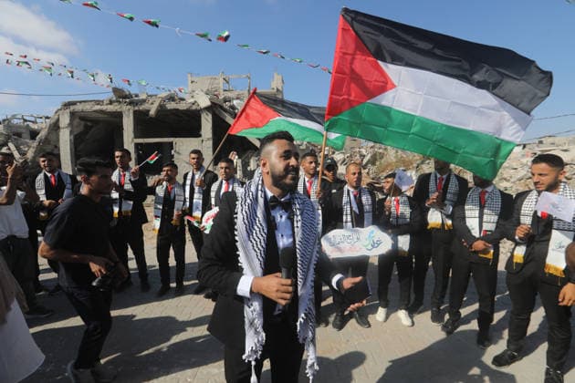 Mass Wedding Ceremony Brings Together 150 Couples in Northern Gaza Palestinian brides and grooms take part in a mass wedding ceremony in Jabalia, northern Gaza Strip, on June 28, 2026. The event was organized by the Ghouth Charitable Foundation as part of a social initiative to support the marriage of 150 couples from northern Gaza, months after the area suffered extensive destruction during the war. Photo by Bilal Osama apaimages Gaza city Gaza Strip Palestinian Territory 280626_Jabalia_BO_00(3) Copyright: xapaimagesxBilalxOsamax xapaimagesx