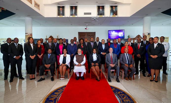 RECORD DATE NOT STATED Prime Minister Narendra Modi in a group photograph at the National Assembly of Seychelles Victoria Seychelles , Jun 28 (ANI): Prime Minister Narendra Modi in a group photograph at the National Assembly of Seychelles, in Victoria on Sunday. (@MEAIndia X ANI Photo) Victoria Seychelles Copyright: xANIx ANI_20260628263