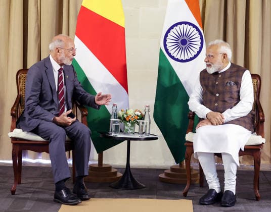 Bilateral Meeting of PM Modi with Seychelles LoP, Bernard Georges Victoria Seychelles , Jun 28 (ANI): Prime Minister Narendra Modi meets Leader of the Opposition of Seychelles, Bernard Georges, in Victoria on Sunday. (DPR PMO ANI Photo) Victoria Seychelles Copyright: xANIx ANI_20260628352