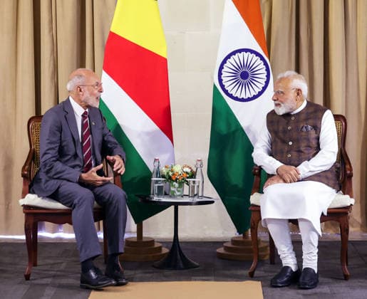 Bilateral Meeting of PM Modi with Seychelles LoP, Bernard Georges Victoria Seychelles , Jun 28 (ANI): Prime Minister Narendra Modi meets Leader of the Opposition of Seychelles, Bernard Georges, in Victoria on Sunday. (DPR PMO ANI Photo) Victoria Seychelles Copyright: xANIx ANI_20260628353