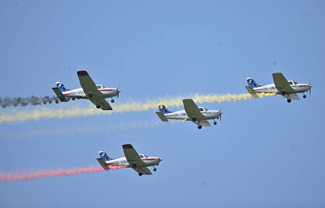 Belgian Air Force Days FLORENNES, BELGIUM - JUNE 28: Aircraft of The Victors formation display team perform a demonstration flight within the scope of the Belgian Air Force Days at Florennes Air Base in Florennes, Belgium on June 28, 2026. Dursun Aydemir Anadolu Brussels Belgium. Editorial use only. Please get in touch for any other usage.  Copyright: x2026xAnadoluxDursunxAydemirx