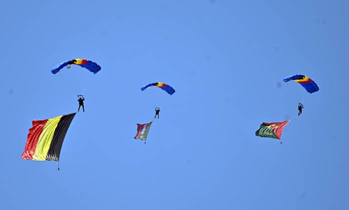 Belgian Air Force Days FLORENNES, BELGIUM - JUNE 28: Members of the Belgian Air Force parachute display team perform a demonstration jump within the scope of the Belgian Air Force Days at Florennes Air Base in Florennes, Belgium on June 28, 2026. Dursun Aydemir Anadolu Brussels Belgium. Editorial use only. Please get in touch for any other usage.  Copyright: x2026xAnadoluxDursunxAydemirx