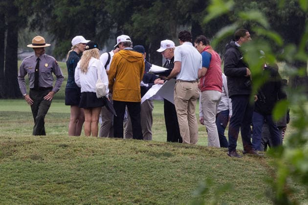 Doug Burgum, US secretary of the interior, and US President Donald Trump walk the grounds at East Potomac Golf Links in Washington, DC on Sunday, June 28, 2026. Trump has taken a number of steps to reshape the nation s capital in his second term, including demolishing the White House East Wing to make way for a new ballroom, planning for the construction of a new triumphal arch, pledging to renovate the John F. Kennedy Center for the Performing Arts, and terminating a contract to run a trio of public golf courses in Washington.  WAX20260628808 TIERNEYxL.xCROSS