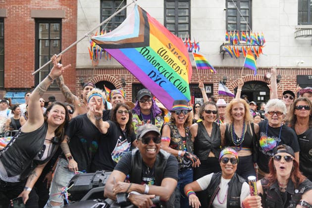 June 28, 2026, New Yok, New York, USA: The Sirens NYC Female Motorcycle Group poses in front of the Stonewall Inn at the Annual NYC Pride March on June 28, 2026 in New York. NYC s Pride March began as a demonstration honoring the 1969 Stonewall Riots, has evolved into a global symbol of LGBTQIA+ resilience, unity and activism. New Yok USA - ZUMAb148 20260628_zap_b148_008 Copyright: xBryanxSmithx