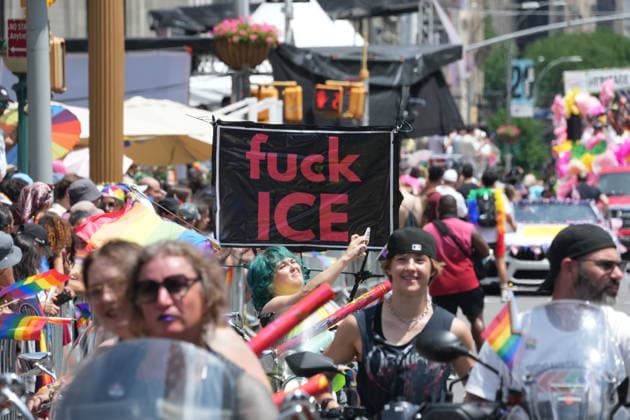 June 28, 2026, New Yok, New York, USA: The Sirens NYC Motorcycle Group makes their way down Fifth Avenue with a message for ICE at the Annual NYC Pride March on June 28, 2026 in New York. NYC s Pride March began as a demonstration honoring the 1969 Stonewall Riots, has evolved into a global symbol of LGBTQIA+ resilience, unity and activism. New Yok USA  - ZUMAb148 20260628_zap_b148_029 Copyright: xBryanxSmithx