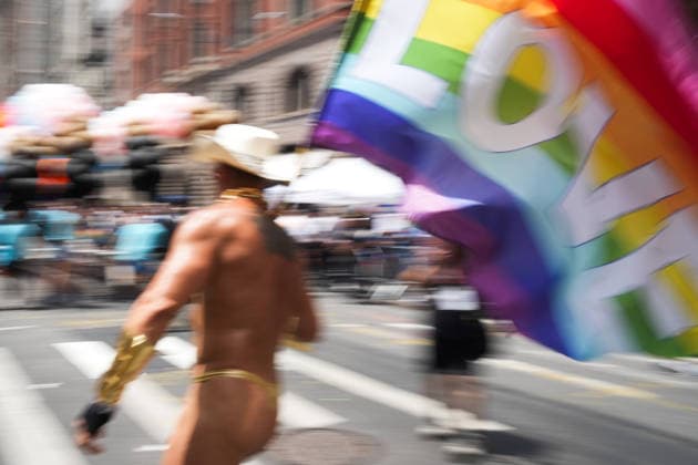 June 28, 2026, New Yok, New York, USA: A man on roller-skates at the Annual NYC Pride March on June 28, 2026 in New York. NYC s Pride March began as a demonstration honoring the 1969 Stonewall Riots, has evolved into a global symbol of LGBTQIA+ resilience, unity and activism. New Yok USA - ZUMAb148 20260628_zap_b148_071 Copyright: xBryanxSmithx