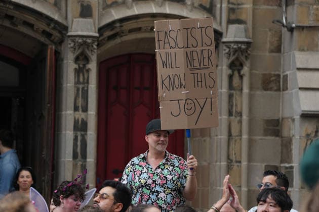 June 28, 2026, New Yok, New York, USA: A man holds a sign against fascism at the Annual NYC Pride March on June 28, 2026 in New York. NYC s Pride March began as a demonstration honoring the 1969 Stonewall Riots, has evolved into a global symbol of LGBTQIA+ resilience, unity and activism. New Yok USA - ZUMAb148 20260628_zap_b148_076 Copyright: xBryanxSmithx