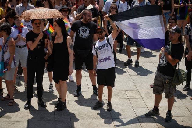 Gay Pride march in Pamplona, Spain - 28 Jun 2026 Demonstrators hold a flag during the Gay Pride march. Hundreds of people participated in the demonstration held to mark International LGBTI+ Pride Day. The main focus of the demonstration was the discrimination against the refugee community, and of course, respect from institutions, while some feminist groups are excluding transgender people. Pamplona Spain Copyright: xElsaxAxBravox xSOPAxImagesx GAY PRIDE 2026_EAB_3148 (18)