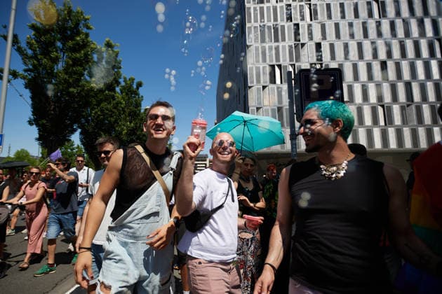June 28, 2026, Pamplona, Spain: A protester with a bubble gun seen during the Gay Pride march. Hundreds of people participated in the demonstration held to mark International LGBTI+ Pride Day. The main focus of the demonstration was the discrimination against the refugee community, and of course, respect from institutions, while some feminist groups are excluding transgender people. Pamplona Spain - ZUMAs197 20260628_aaa_s197_069 Copyright: xElsaxAxBravox