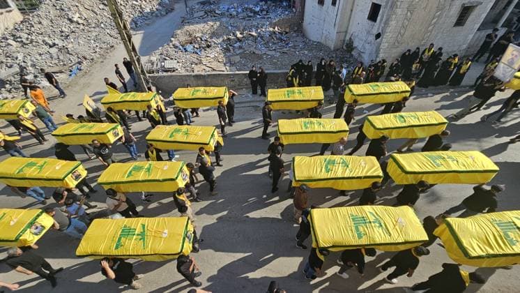 Symbolic funeral held for 61 Hezbollah members killed in Israeli attacks NABATIEH, LEBANON - JUNE 28: People attend a symbolic funeral ceremony for 61 Hezbollah members killed in Israeli attacks, in Dweir village of Nabatieh Governorate, southern Lebanon on June 28, 2026. Mohamad Zanaty Anadolu Nabatieh Lebanon. Editorial use only. Please get in touch for any other usage.  Copyright: x2026xAnadoluxMohamadxZanatyx