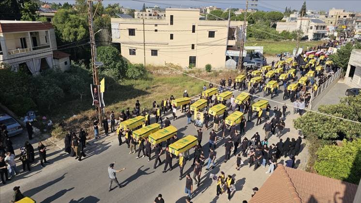 Symbolic funeral held for 61 Hezbollah members killed in Israeli attacks NABATIEH, LEBANON - JUNE 28: People attend a symbolic funeral ceremony for 61 Hezbollah members killed in Israeli attacks, in Dweir village of Nabatieh Governorate, southern Lebanon on June 28, 2026. Mohamad Zanaty Anadolu Nabatieh Lebanon. Editorial use only. Please get in touch for any other usage.  Copyright: x2026xAnadoluxMohamadxZanatyx