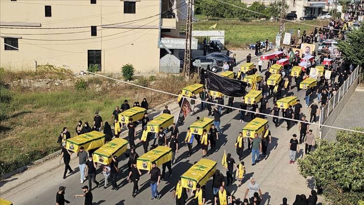 Symbolic funeral held for 61 Hezbollah members killed in Israeli attacks NABATIEH, LEBANON - JUNE 28: People attend a symbolic funeral ceremony for 61 Hezbollah members killed in Israeli attacks, in Dweir village of Nabatieh Governorate, southern Lebanon on June 28, 2026. Mohamad Zanaty Anadolu Nabatieh Lebanon. Editorial use only. Please get in touch for any other usage.  Copyright: x2026xAnadoluxMohamadxZanatyx