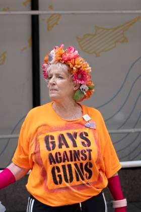 June 28, 2026, New York, New York, USA: A member of Gays Against Guns wears a floral headdress. The direct-action group Gays Against Guns is a Grand Marshal in the 57th annual NYC Pride March. Nonviolently challenging gun violence, the organization was founded in response to the loss of 49 lives at Pulse Nightclub on June 12, 2016. They join the Pride March as it proceeds down Fifth Avenue from Midtown to Greenwich Village. The theme For All of Us honors the legacy of activist Marsha P. Johnson. New York USA - ZUMAr174 20260628_znp_r174_003 Copyright: xGinaxMxRandazzox