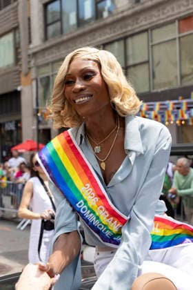June 28, 2026, New York, New York, USA: Pride March Grand Marshal DOMINQUE JACKSON greets onlookers at the 57th annual NYC Pride March as it proceeds down Fifth Avenue from Midtown to Greenwich Village. The theme For All of Us honors the legacy of activist Marsha P. Johnson. New York USA  - ZUMAr174 20260628_znp_r174_013 Copyright: xGinaxMxRandazzox