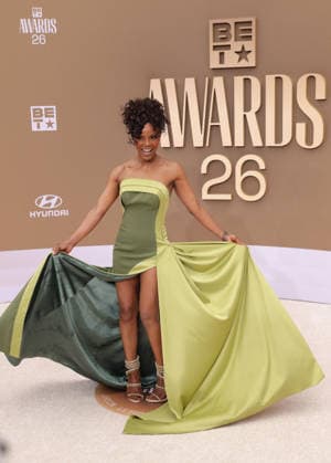 Nadege August arrives on the red carpet for 26th annual BET Awards live telecast at the Peacock Theater in Los Angeles on Sunday, June 28, 2026. The BET Awards honors Black entertainers and other people of color in music, film, sports and philanthropy.  LAP20260628131 GREGxGRUDT