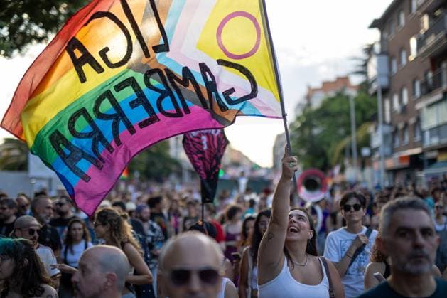 June 28, 2026, Madrid, Madrid, Spain: People march with flags during the Critical Pride march in Madrid.Critical Pride March 2026, under the slogan against the colonial capitalism that massacres us, this Sunday in Madrid. Madrid Spain - ZUMAs197 20260628_aaa_s197_078 Copyright: xSOPAxImagesx