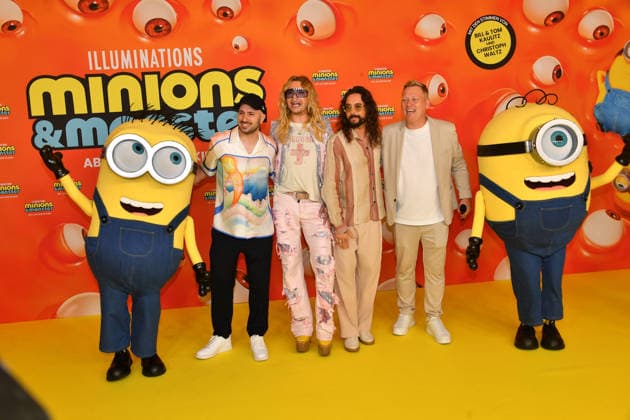 Dominik Porschen, Bill und Tom Kaulitz und Jens Knossala Deutschlandpremiere Minions &Monster Mathäser Filmpalast München 28. Juni 2026 *** Dominik Porschen, Bill and Tom Kaulitz, and Jens Knossala at the German premiere of *Minions: Monster Mathäser* at the Filmpalast in Munich on June 28, 2026