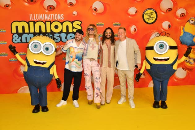 Dominik Porschen, Bill und Tom Kaulitz und Jens Knossala Deutschlandpremiere Minions &Monster Mathäser Filmpalast München 28. Juni 2026 *** Dominik Porschen, Bill and Tom Kaulitz, and Jens Knossala at the German premiere of *Minions: Monster Mathäser* at the Filmpalast in Munich on June 28, 2026