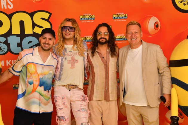 Dominik Porschen, Bill und Tom Kaulitz und Jens Knossala Deutschlandpremiere Minions &Monster Mathäser Filmpalast München 28. Juni 2026 *** Dominik Porschen, Bill and Tom Kaulitz, and Jens Knossala at the German premiere of *Minions: Monster Mathäser* at the Filmpalast in Munich on June 28, 2026