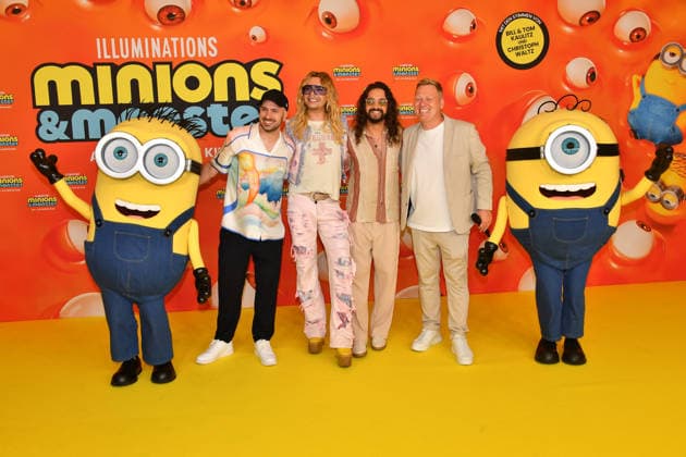 Dominik Porschen, Bill und Tom Kaulitz und Jens Knossala Deutschlandpremiere Minions &Monster Mathäser Filmpalast München 28. Juni 2026 *** Dominik Porschen, Bill and Tom Kaulitz, and Jens Knossala; German premiere of *Minions: Monster Mathäser* at the Filmpalast in Munich on June 28, 2026