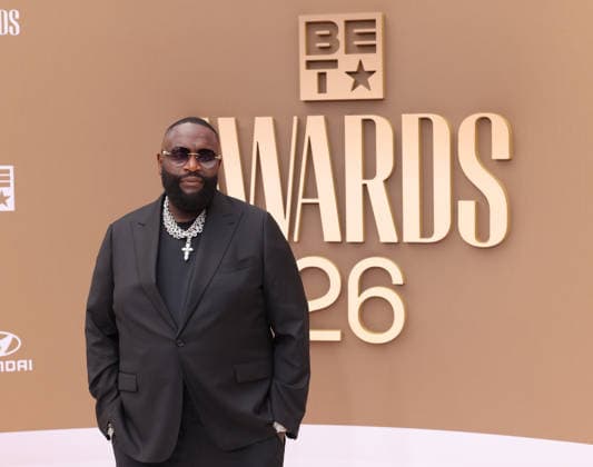 Rick Ross arrives on the red carpet for 26th annual BET Awards live telecast at the Peacock Theater in Los Angeles on Sunday, June 28, 2026. The BET Awards honors Black entertainers and other people of color in music, film, sports and philanthropy.  LAP20260628206 GREGxGRUDT