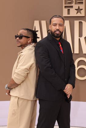 (L-R) Max B and French Montana arrive on the red carpet for 26th annual BET Awards live telecast at the Peacock Theater in Los Angeles on Sunday, June 28, 2026. The BET Awards honors Black entertainers and other people of color in music, film, sports and philanthropy.  LAP20260628319 GREGxGRUDT