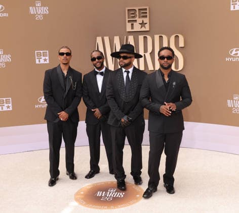 (L-R) Lil Fizz, Omarion, Raz-B and J-Boog of B2K arrive on the red carpet for 26th annual BET Awards live telecast at the Peacock Theater in Los Angeles on Sunday, June 28, 2026. The BET Awards honors Black entertainers and other people of color in music, film, sports and philanthropy.  LAP20260628340 GREGxGRUDT