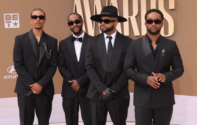(L-R) Lil Fizz, Omarion, Raz-B and J-Boog of B2K arrive on the red carpet for 26th annual BET Awards live telecast at the Peacock Theater in Los Angeles on Sunday, June 28, 2026. The BET Awards honors Black entertainers and other people of color in music, film, sports and philanthropy.  LAP20260628341 GREGxGRUDT