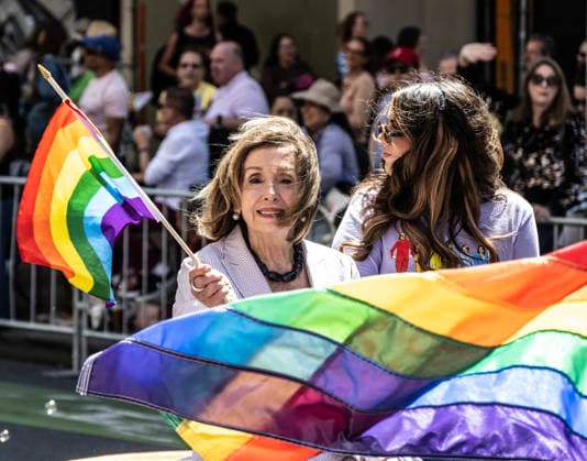 Representive Nancy Pelosi, D-CA, rides up Market Street in the annual LGBTQ Pride Parade in San Francisco on Sunday, Junne 28, 2026. Tens of thousands turned out to watch and participate in the spectacle.  SXP2026062812 TERRYxSCHMITT
