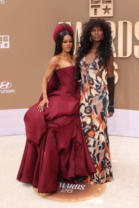Teyana Taylor and Jodie Turner-Smith arrive on the red carpet for 26th annual BET Awards live telecast at the Peacock Theater in Los Angeles on Sunday, June 28, 2026. The BET Awards honors Black entertainers and other people of color in music, film, sports and philanthropy.  LAP20260628380 GREGxGRUDT