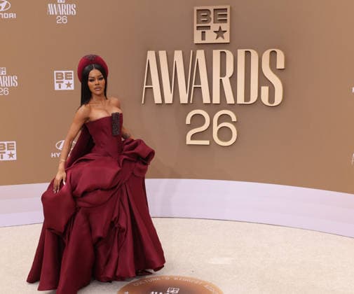 Teyana Taylor arrives on the red carpet for 26th annual BET Awards live telecast at the Peacock Theater in Los Angeles on Sunday, June 28, 2026. The BET Awards honors Black entertainers and other people of color in music, film, sports and philanthropy.  LAP20260628381 GREGxGRUDT