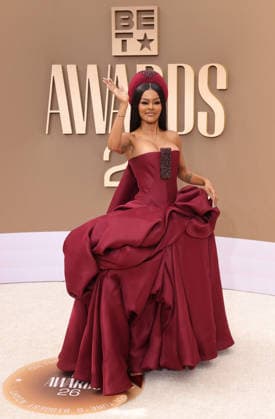 Teyana Taylor arrives on the red carpet for 26th annual BET Awards live telecast at the Peacock Theater in Los Angeles on Sunday, June 28, 2026. The BET Awards honors Black entertainers and other people of color in music, film, sports and philanthropy.  LAP20260628385 GREGxGRUDT
