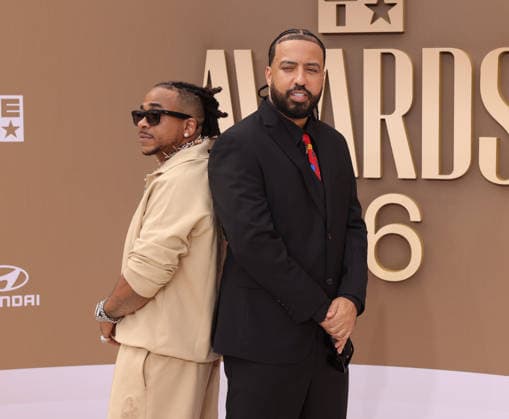 (L-R) Max B and French Montana arrive on the red carpet for 26th annual BET Awards live telecast at the Peacock Theater in Los Angeles on Sunday, June 28, 2026. The BET Awards honors Black entertainers and other people of color in music, film, sports and philanthropy.  LAP20260628398 GREGxGRUDT