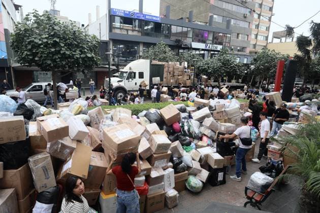 Humanitarian aid campaign launched in Lima for Earthquake Victims in Venezuela LIMA, PERU - JUNE 28: People gather at a collection center in Lima, Peru on June 28, 2026, to donate essential supplies, including food, clothing, and medicine, for families affected by the recent earthquakes in Venezuela. Organized by the Venezuelan community living in Peru, the humanitarian campaign called on residents and citizens to support the relief efforts for the disaster victims. Klebher Vasquez Anadolu Lima Peru. Editorial use only. Please get in touch for any other usage.  Copyright: x2026xAnadoluxKlebherxVasquezx