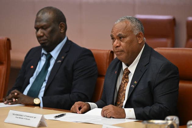 JOTHAM NAPAT AUSTRALIA VISIT, Prime Minister of Vanuatu Jotham Napat delivers remarks on top of the Australia Vanuatu Leaders™ Meeting with Australian Prime Minister Anthony Albanese during a visit to Australia, Parliament House in Canberra, Monday, June 29, 2026. ( NO ARCHIVING CANBERRA AUSTRALIAN CAPITAL TERRITORY AUSTRALIA  Copyright: xLUKASxCOCHx 20260629199463518638
