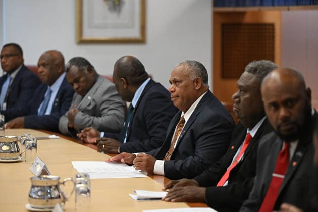 JOTHAM NAPAT AUSTRALIA VISIT, Prime Minister of Vanuatu Jotham Napat delivers remarks on top of the Australia Vanuatu Leaders™ Meeting with Australian Prime Minister Anthony Albanese during a visit to Australia, Parliament House in Canberra, Monday, June 29, 2026. ( NO ARCHIVING CANBERRA AUSTRALIAN CAPITAL TERRITORY AUSTRALIA  Copyright: xLUKASxCOCHx 20260629162476218984