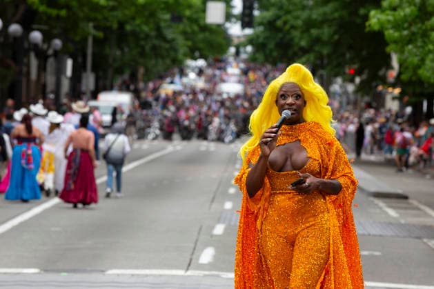 June 28, 2026, Seattle, Washington, USA: Drag artist Versace Doll hosts the Seattle Pride Parade in Westlake Center on Sunday, June 28, 2026. Seattle USA - ZUMAg235 20260628_zap_g235_005 Copyright: xPaulxChristianxGordonx