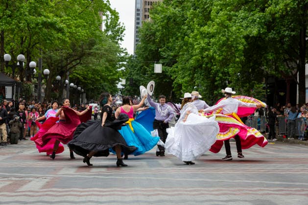 June 28, 2026, Seattle, Washington, USA: Members of Danza Monarcas, a queer Mexican folkloÂ³rico group, perform in Westlake Center during the Seattle Pride Parade on Sunday, June 28, 2026. Seattle USA - ZUMAg235 20260628_zap_g235_006 Copyright: xPaulxChristianxGordonx