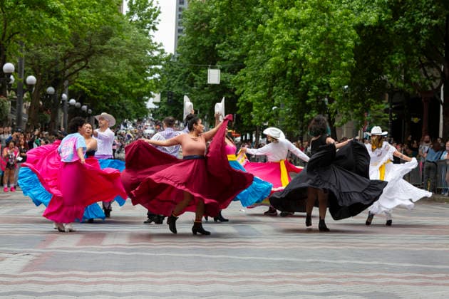 June 28, 2026, Seattle, Washington, USA: Members of Danza Monarcas, a queer Mexican folkloÂ³rico group, perform in Westlake Center during the Seattle Pride Parade on Sunday, June 28, 2026. Seattle USA - ZUMAg235 20260628_zap_g235_017 Copyright: xPaulxChristianxGordonx
