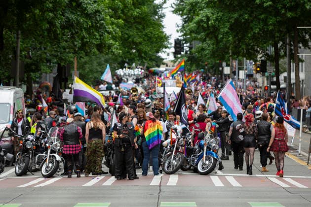 June 28, 2026, Seattle, Washington, USA: Seattle Dykes on Bikes prepare to lead the Seattle Pride Parade in Westlake Center on Sunday, June 28, 2026. Seattle USA - ZUMAg235 20260628_zap_g235_024 Copyright: xPaulxChristianxGordonx