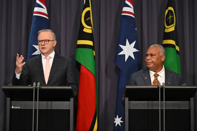 JOTHAM NAPAT AUSTRALIA VISIT, Prime Minister of Vanuatu Jotham Napat and Australian Prime Minister Anthony Albanese speak to the media during a press conference after signing the Nakamal agreement at Parliament House in Canberra, Monday, June 29, 2026. ( NO ARCHIVING CANBERRA AUSTRALIAN CAPITAL TERRITORY AUSTRALIA  Copyright: xLUKASxCOCHx 20260629114134441604